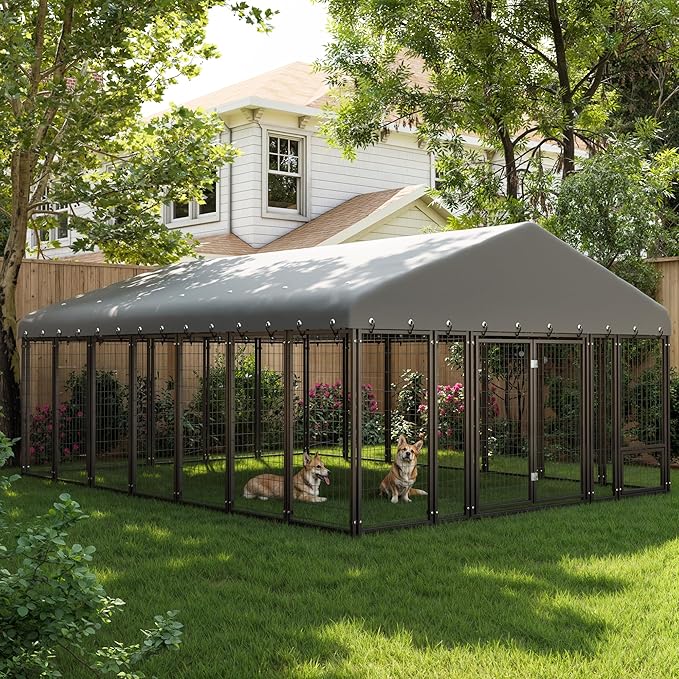 10' x 14'Large Outdoor Dog Kennel with Double Swing Doors, Heavy-Duty Dog Cage with Feeding Panel, Weatherproof Roof, Secure Fence Playpen for Large Dogs, Easy Assembly