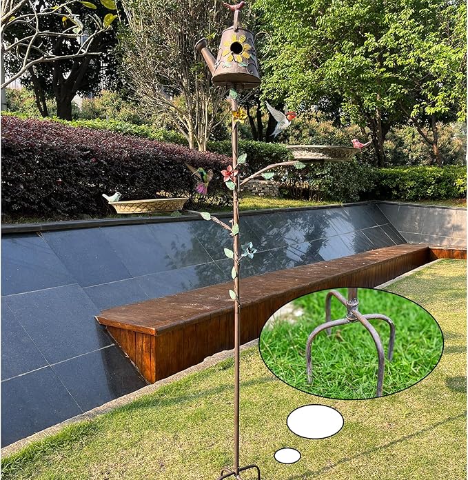 Bird Baths and Bird Houses with Pole, 67.9" H Metal Bird House Stake, Standing Bird Feeder and Bath Combo, Birdhouses for Outdoors, Tall Bird Bath with 4-Prong Stake for Outside Garden Decor