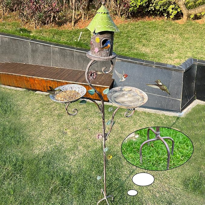71" H Bird Baths for Outdoors, Bird Baths and Bird Houses with Pole, Metal Bird House Stake, Standing Bird Feeder and Bath Combo, Tall Birdbath with 4-Prong Stake for Outside Garden Decor