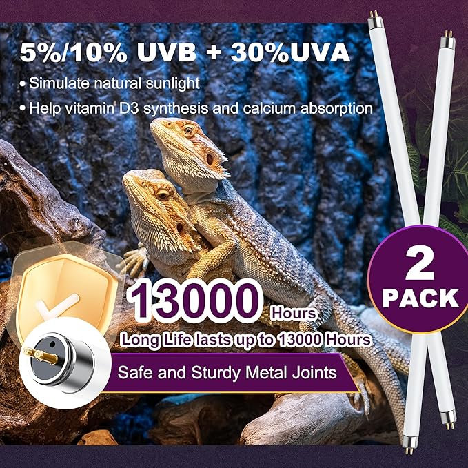 10.0 UVB Light for Reptiles, T5 HO 24 Watt Reptile Lamp Tube, Pack of 2 Fluorescent UVB Bulb, Basking Light for Bearded Dragon, Simulate Natural Sunlight for Reptiles and Amphibians