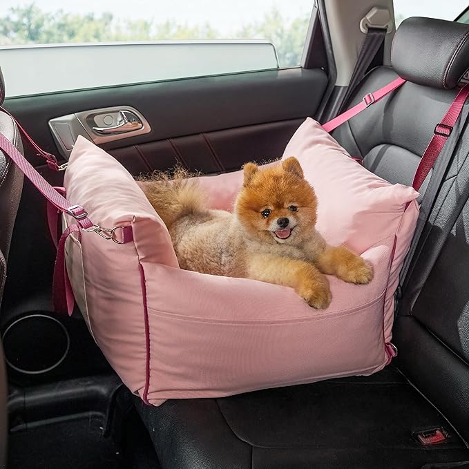 Lesure Small Dog Car Seat for Small Dogs -Soft Dog Booster Seat for Car with Storage Pocket and Clip-On Safety Leash and Thickened Memory Foam Filling, Pet Travel Carrier Bed Strawberry Cream