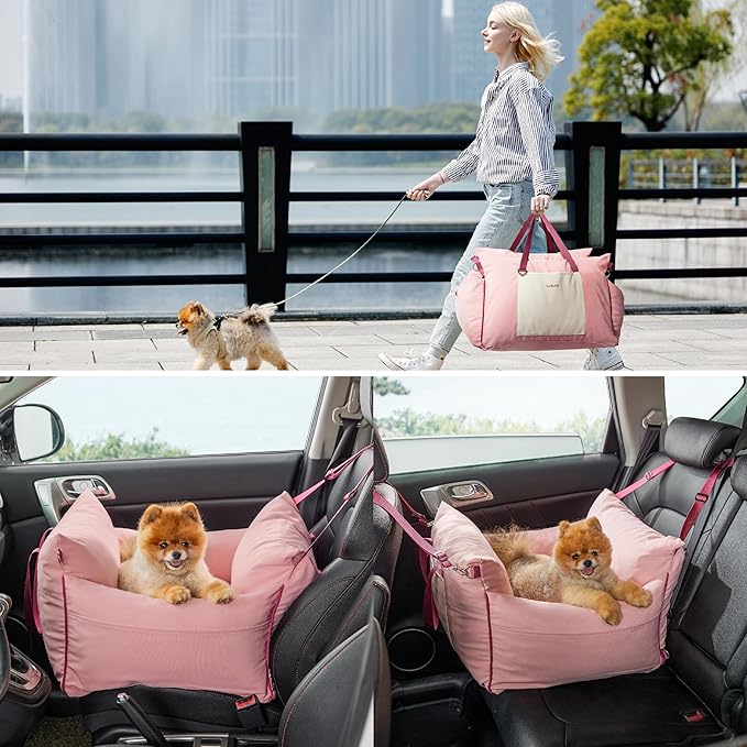 Lesure Small Dog Car Seat for Small Dogs -Soft Dog Booster Seat for Car with Storage Pocket and Clip-On Safety Leash and Thickened Memory Foam Filling, Pet Travel Carrier Bed Strawberry Cream