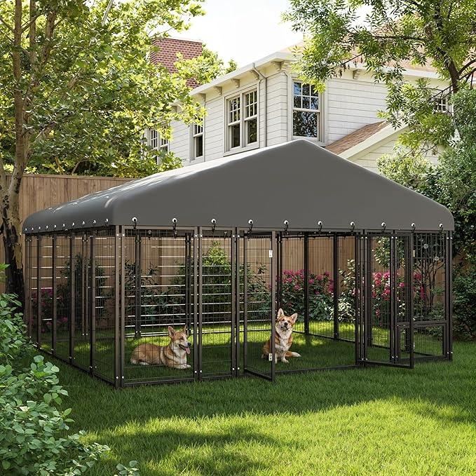 10 x 10 FT Large Outdoor Dog Kennel with Double Swing Doors, Heavy-Duty Dog Cage with Feeding Panel, Weatherproof Roof, Secure Fence Playpen for Large Dogs, Easy Assembly