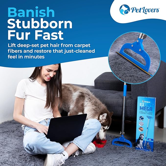 PetLovers EzLint Mega 52" Carpet Rake & Pet Hair Removal Tool – Dog & Cat Hair Remover Broom with Adjustable Handle & Extra Wide Head for Carpets, Rugs & Stairs, Blue