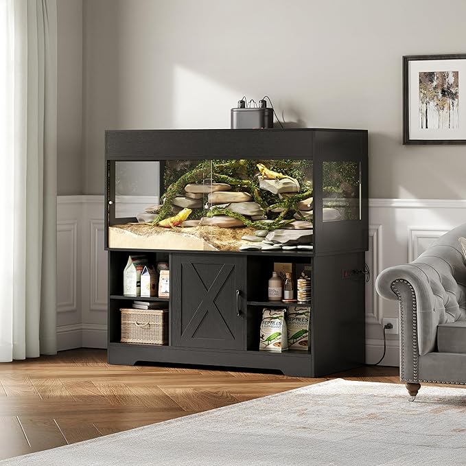 120 Gallon Reptile Tank with Stand, 4x2x2 Terrarium Enclosure for Bearded Dragons, Snakes, Lizards – Sliding Acrylic Doors, Mesh Top, Storage Cabinet, Built-in Power Outlet Black PX01RTB
