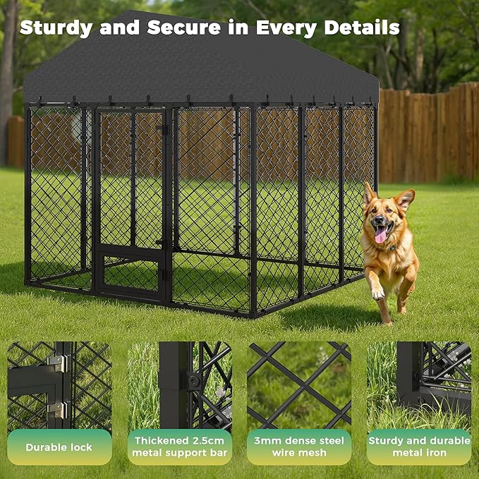 10x10x6.4 FT Large Outdoor Dog Kennel with Roof, Heavy Duty Anti-Rust Metal Dog Enclosure Fence for All Weather Resistant, Secure Double Locks for Large Dogs Outsides