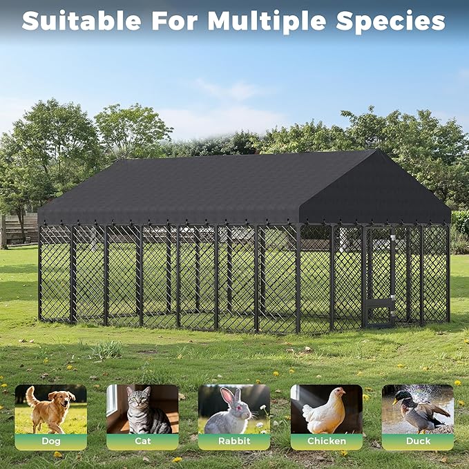 10x10x6.4 FT Large Outdoor Dog Kennel with Roof, Heavy Duty Anti-Rust Metal Dog Enclosure Fence for All Weather Resistant, Secure Double Locks for Large Dogs Outsides
