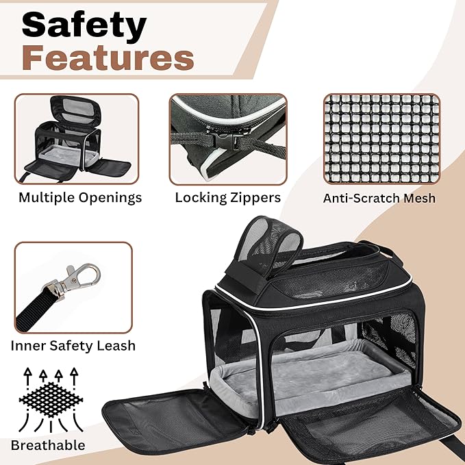 Airline Approved Top-Expanding Pet Carrier on Wheels- Extra Spacious Soft Lined Carrier! 18x11x11 (Black, Original Mesh Sides)