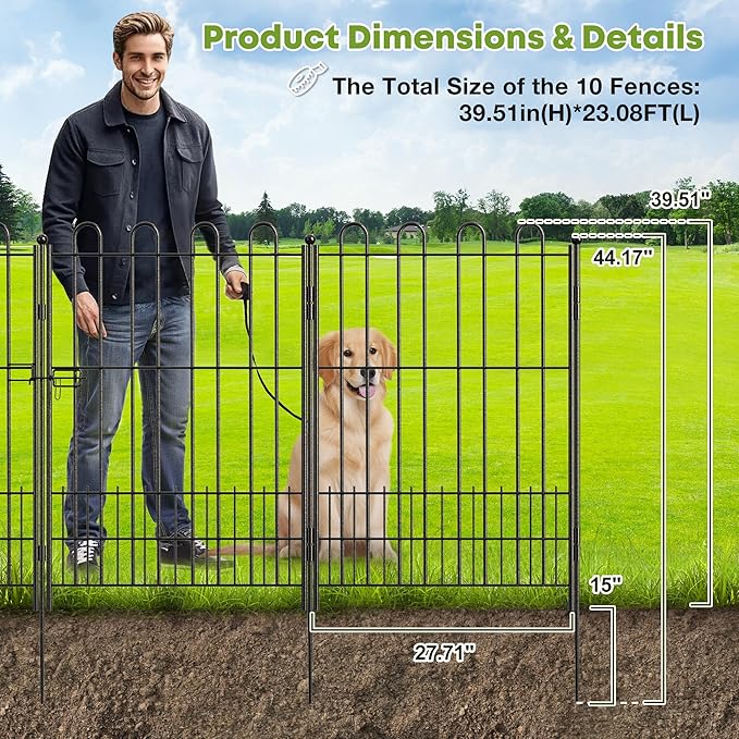 10 Panels Garden Fence with Latch Gate, 39.51in (H) X 23.08ft(L) Animal Barrier Fence with 1in Gaps for Rabits, Tall Dog Fencing Outdoor for Yard, Flower Beds, Patios, Vegetable Patches
