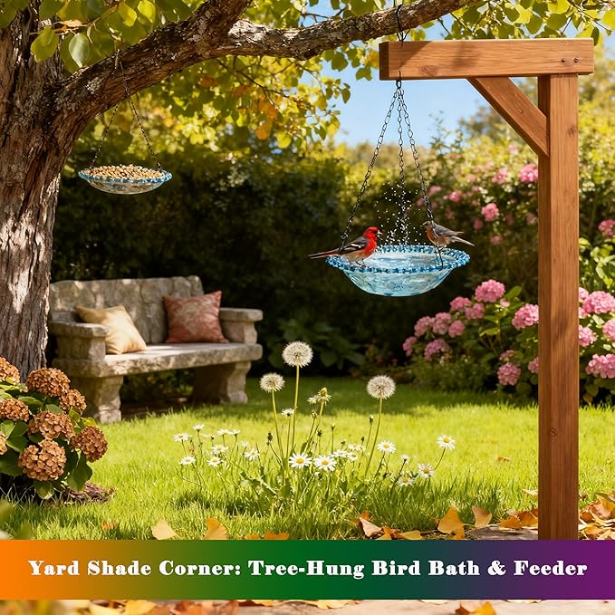 2 Pack Super Value Hanging Plastic Bird Baths and Feeders for Outdoors Bird Water Bowls and Seed Trays Set Attract Wild Birds Garden Yard Decor Gift (Blue)