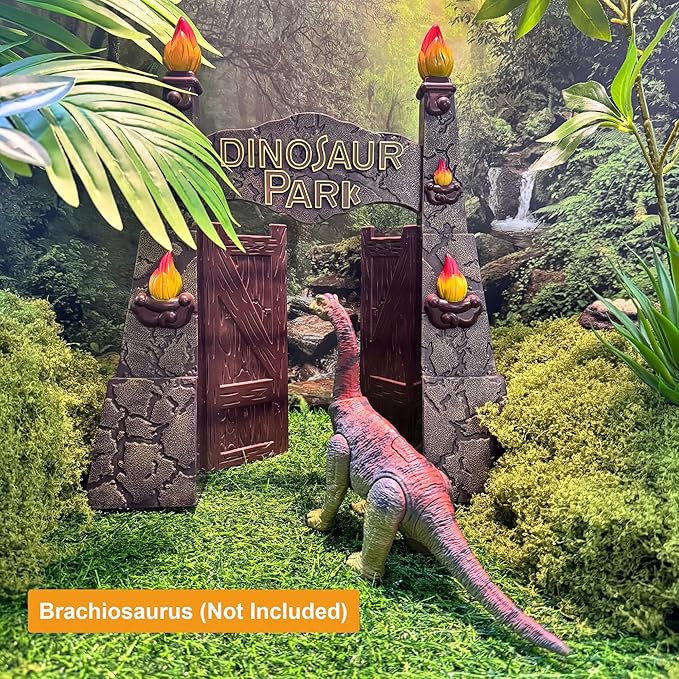 12inches Realistic Dinosaur Park Gate with Log, Nest of Eggs, Stone, Great Addition to Dino Toys, Truck or RC Dinosaur Toys
