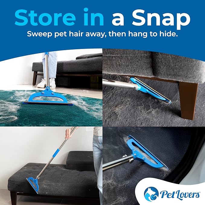 PetLovers EzLint Mega 52" Carpet Rake & Pet Hair Removal Tool – Dog & Cat Hair Remover Broom with Adjustable Handle & Extra Wide Head for Carpets, Rugs & Stairs, Blue