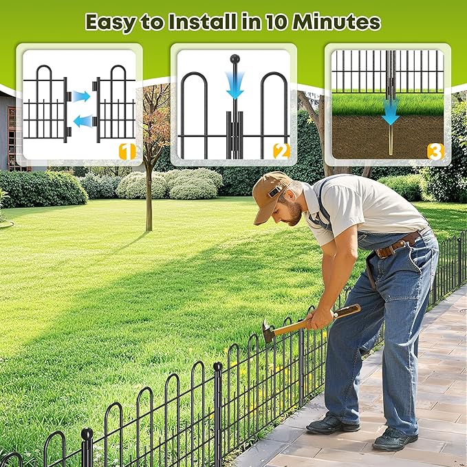 10 Panels Garden Fence with Latch Gate, 11.81in (H) X 16.42ft(L) Animal Barrier Fence with 1in Gaps for Rabits, Dog Fencing Outdoor for Yard, Flower Beds, Patios, Vegetable Patches
