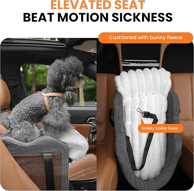 Center Console Dog Car Seat for Small Dogs with Bunny Fleece, Anti-Slip Booster Car Seat with Collar Hook, Triple Protection, Portable Washable, for Pets Up to 13.5lbs (Grey-Black)