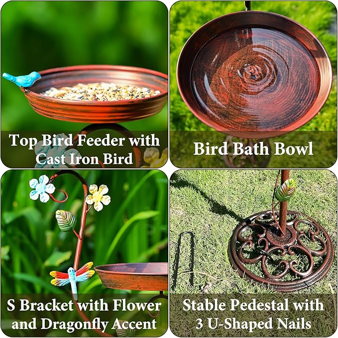 Bird Baths for Outdoors, 43" Tall Cast Iron Bird Bath and Feeder, Pedestal Bird Bath for Outside, Metal Heavy Duty 2 in 1 Birdbaths and Bird Feeders, Decorative Birdbath for Garden Yard