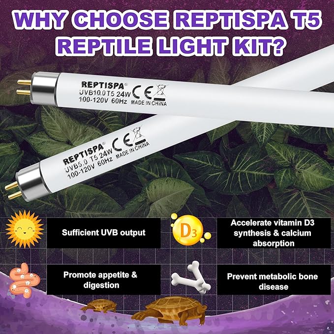 10.0 UVB Light for Reptiles, T5 HO 24 Watt Reptile Lamp Tube, Pack of 2 Fluorescent UVB Bulb, Basking Light for Bearded Dragon, Simulate Natural Sunlight for Reptiles and Amphibians