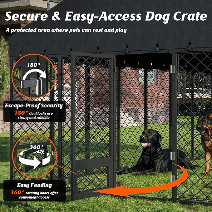 10 × 10 ft Heavy-Duty Outdoor Dog Kennel with Roof – Large Weather-Resistant Metal Dog Enclosure Playpen for Big Dogs with Double-Lock Feeding & Swivel Door