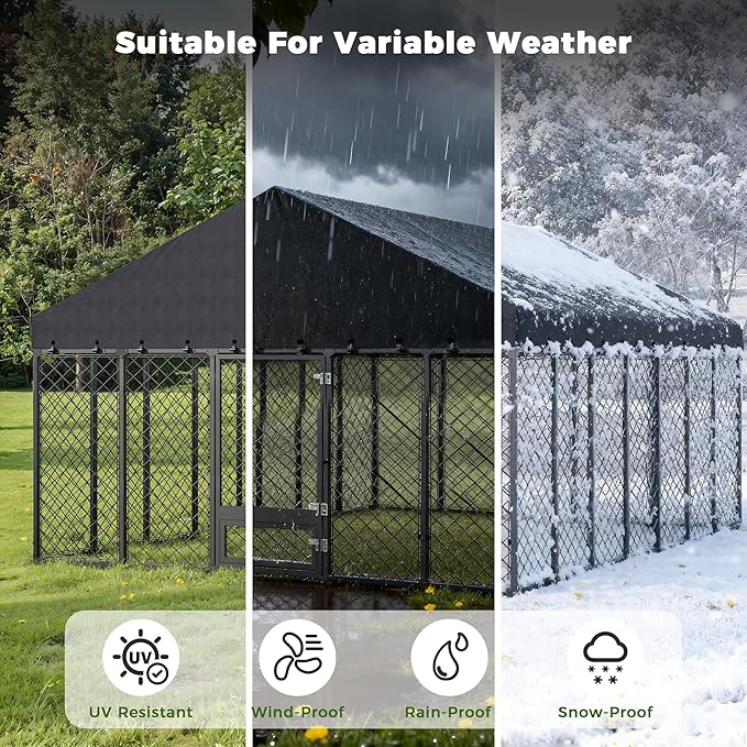 10x10x6.4 FT Large Outdoor Dog Kennel with Roof, Heavy Duty Anti-Rust Metal Dog Enclosure Fence for All Weather Resistant, Secure Double Locks for Large Dogs Outsides