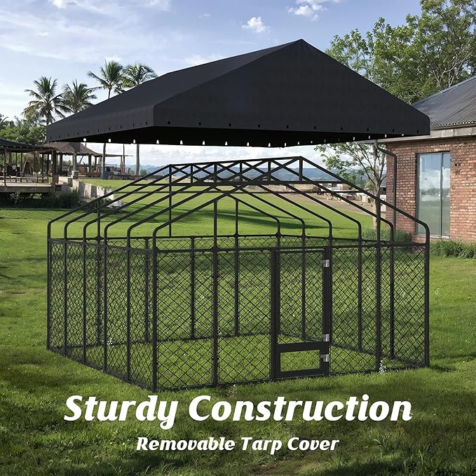 10 × 10 ft Heavy-Duty Outdoor Dog Kennel with Roof – Large Weather-Resistant Metal Dog Enclosure Playpen for Big Dogs with Double-Lock Feeding & Swivel Door
