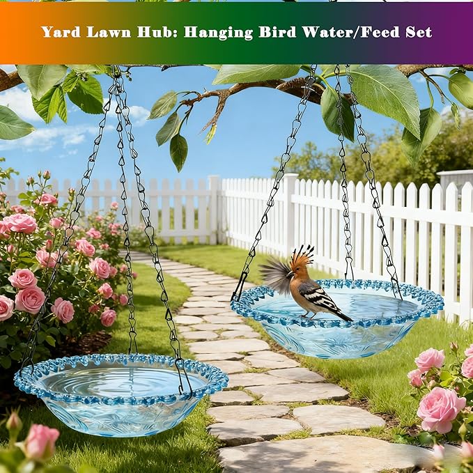 2 Pack Super Value Hanging Plastic Bird Baths and Feeders for Outdoors Bird Water Bowls and Seed Trays Set Attract Wild Birds Garden Yard Decor Gift (Blue)