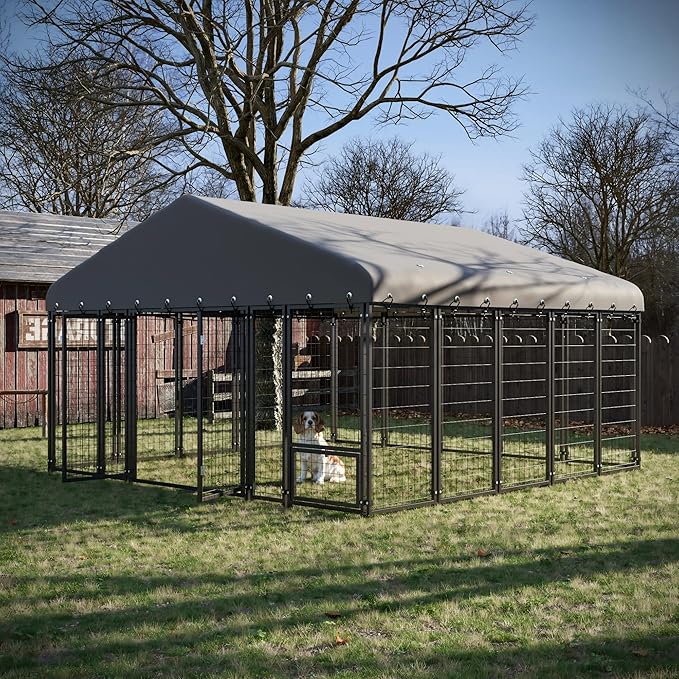 10 x 10 FT Large Outdoor Dog Kennel with Double Swing Doors, Heavy-Duty Dog Cage with Feeding Panel, Weatherproof Roof, Secure Fence Playpen for Large Dogs, Easy Assembly