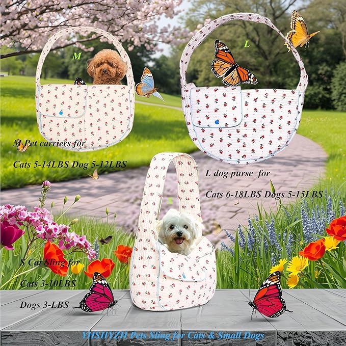 Flower Pet Sling Carrier for Small Dogs and Cats, Breathable Cotton Cats Carrier Purse，Floral Print Puppy Bag 3-10 Lbs, Hand Free Travel Chest Cat Sling, Gifts for Pet Mom Girls（White, Small