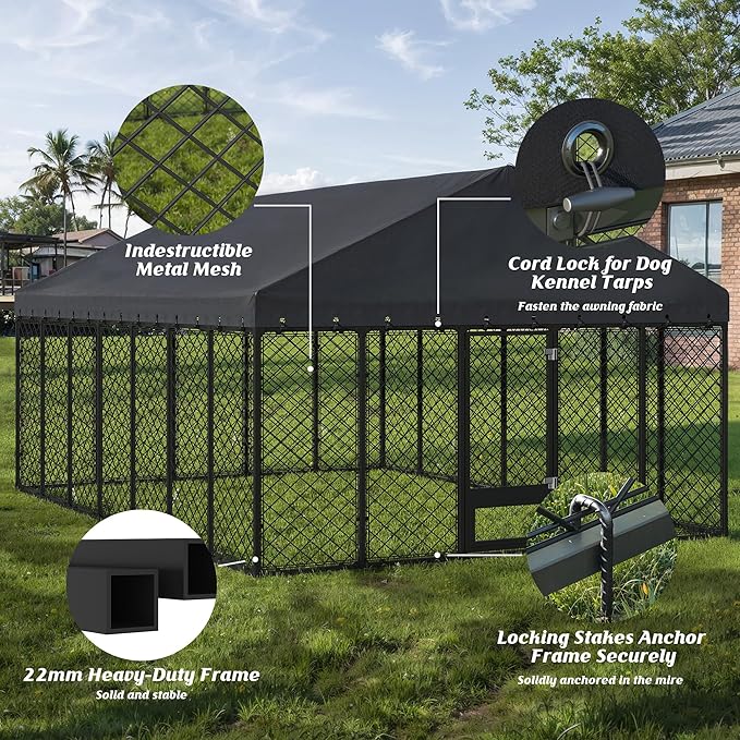 10 × 10 ft Heavy-Duty Outdoor Dog Kennel with Roof – Large Weather-Resistant Metal Dog Enclosure Playpen for Big Dogs with Double-Lock Feeding & Swivel Door