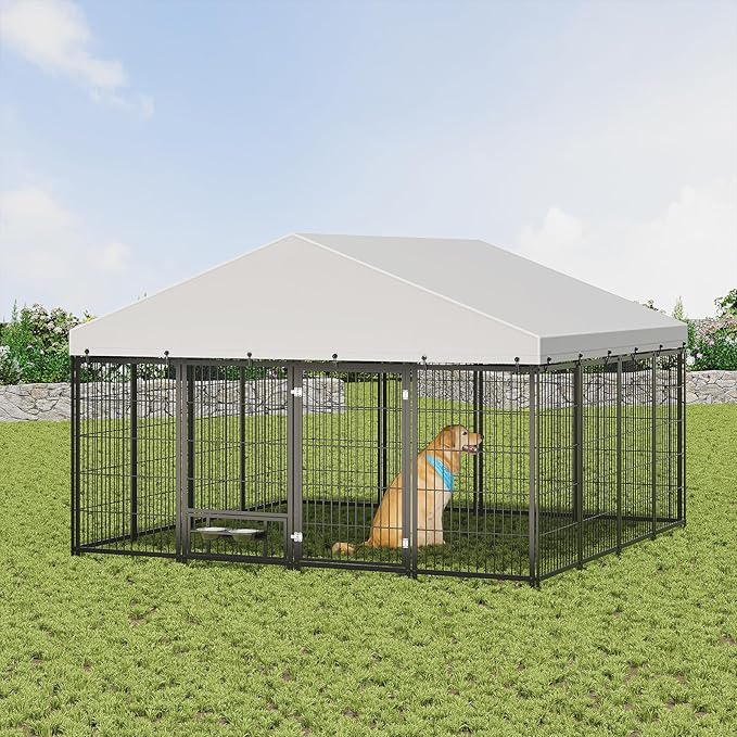 10x10ft Large Dog Kennel Outdoor with Roof, Covered Heavy Duty Dog Pen with Feeding Door, Steel Enclosure Fence with Dual Safety Locks, XL Outside Dog Cage for Large Dogs