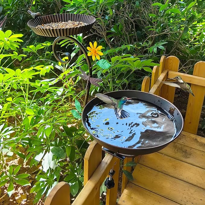Deck Bird Bath and Feeder, Detachable Metal Bird Baths for Deck Railing, Antique Decorative Bird Bath Bowl with Adjustable Heavy Duty Clamp for Outdoor Balcony Patio Porch Garden Rail Mount