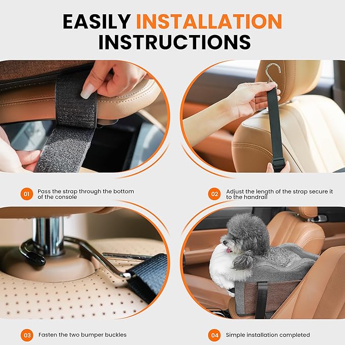 Center Console Dog Car Seat for Small Dogs with Bunny Fleece, Anti-Slip Booster Car Seat with Collar Hook, Triple Protection, Portable Washable, for Pets Up to 13.5lbs (Grey-Black)