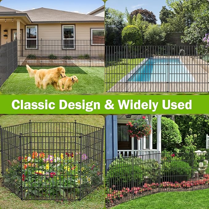 10 Panels No Dig Decorative Outdoor Garden Fence with Gate for Yard, 48 in(H) X 26.25ft(L) Animal Barrier Fencing Rustproof Metal Wire Panel Border for Dog, Rabbits, and Patio Temporary Ground Stakes