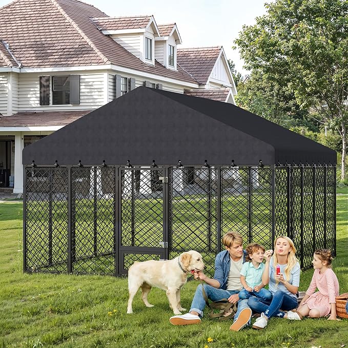 10x10x6.4 FT Large Outdoor Dog Kennel with Roof, Heavy Duty Anti-Rust Metal Dog Enclosure Fence for All Weather Resistant, Secure Double Locks for Large Dogs Outsides