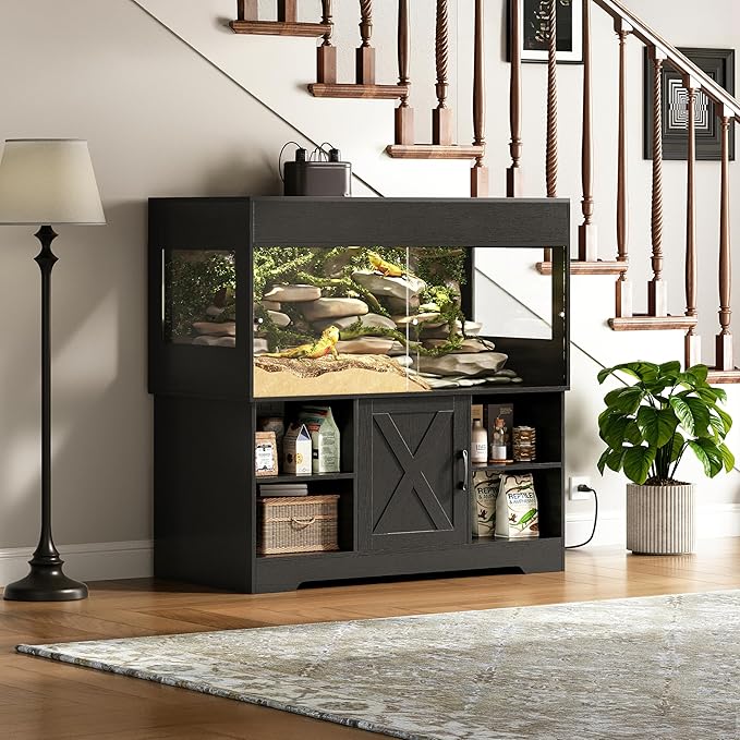 120 Gallon Reptile Tank with Stand, 4x2x2 Terrarium Enclosure for Bearded Dragons, Snakes, Lizards – Sliding Acrylic Doors, Mesh Top, Storage Cabinet, Built-in Power Outlet Black PX01RTB