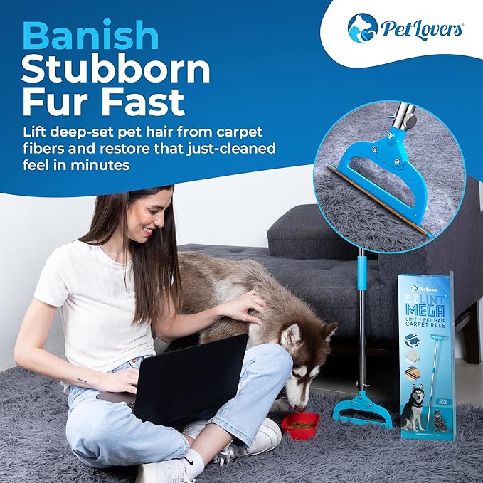 PetLovers EzLint Mega 52" Carpet Rake & Pet Hair Removal Tool – Dog & Cat Hair Remover Broom with Adjustable Handle & Extra Wide Head for Carpets, Rugs & Stairs Ocean Blue