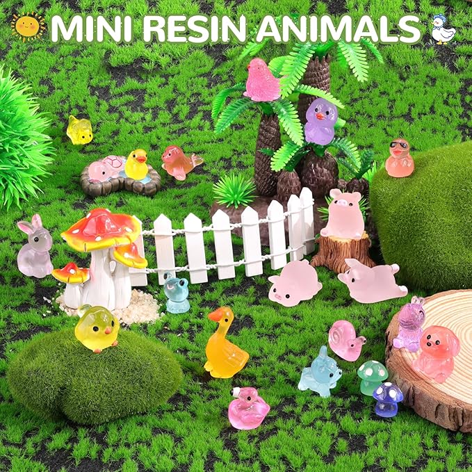 105PCS Mini Resin Animals Tiny Cute Figurines Glow in Dark, Miniature Figures to Hide, Little Animal Toys Small Accessories for Topper Desk Garden Dollhouse Landscape Aquarium Ornaments Crafts & Decor