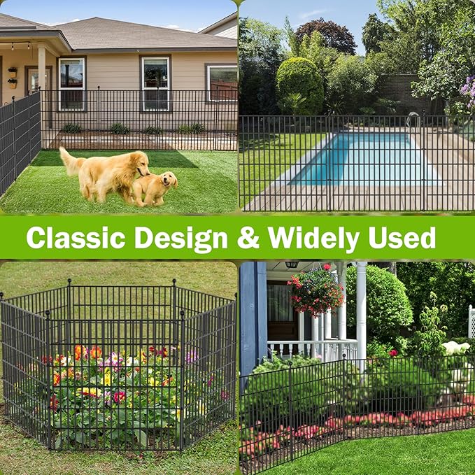 10 Panels No Dig Decorative Outdoor Garden Fence with Gate for Yard, 32 in(H) X 23.6 ft(L) Animal Barrier Fencing Rustproof Metal Wire Panel Border for Dog, Rabbits, and Patio Temporary Ground Stakes