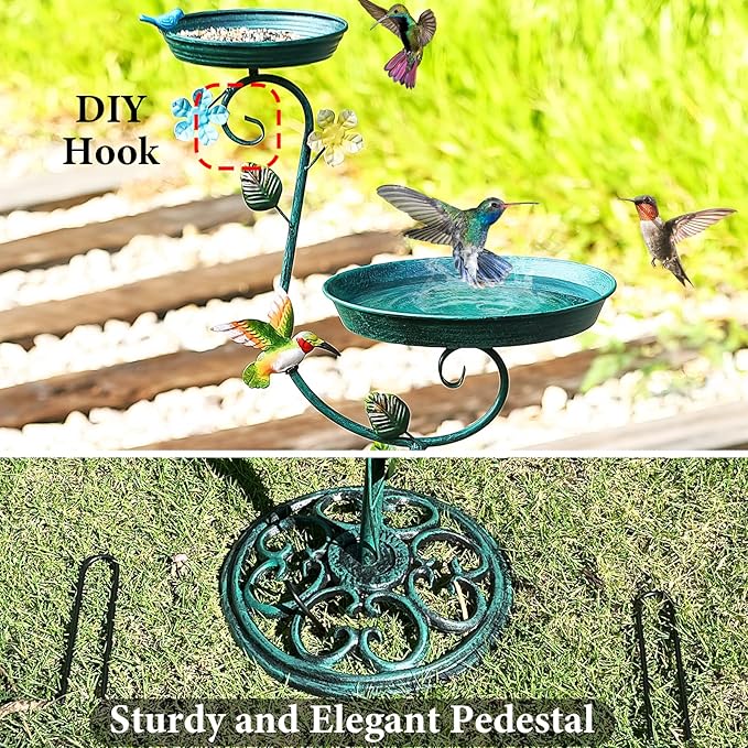 Bird Bath for Outside, 43" Tall Bird Baths and Feeders for Outdoors, Cast Iron Bird Bath and Feeder Combo, Metal Heavy Duty Birdbath Pedestal, Floral Decorative Birdbaths for Outdoor Garden