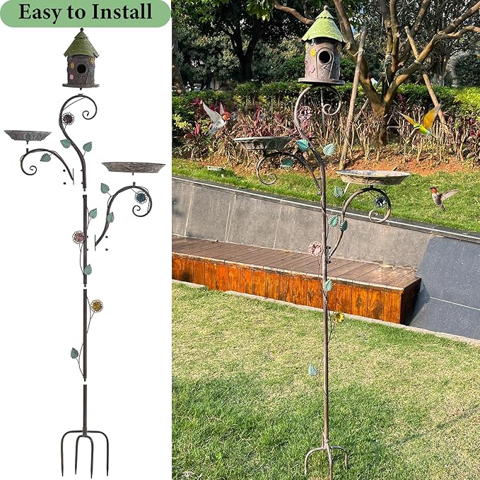 71" H Bird Baths for Outdoors, Bird Baths and Bird Houses with Pole, Metal Bird House Stake, Standing Bird Feeder and Bath Combo, Tall Birdbath with 4-Prong Stake for Outside Garden Decor