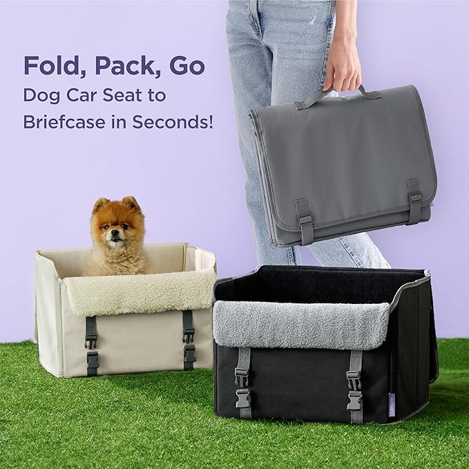 Lesure Dog Car Seat for Small Dogs, Foldable Pet Car Seat with Clip-On Safety Leash, Waterproof Puppy Booster Car Seat for Small Pets Under 25lbs, Portable Doggie Travel Carrier Bed, Light Ivory
