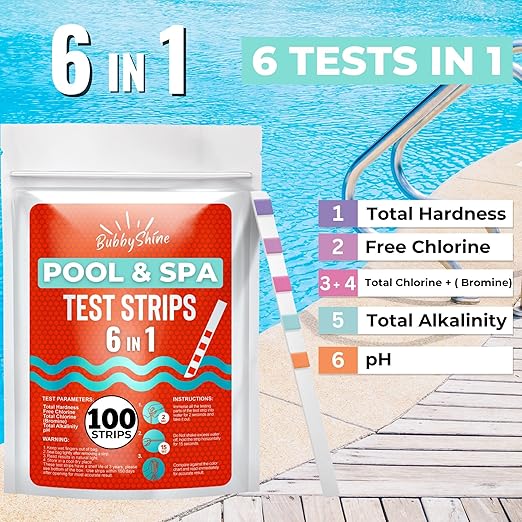 100 Pool Test Strips - Chemical Hot Tub Test Strips for Hot Tub Water, Pool and Spa Test Strips for Hot Tub Testing Strips, Pool Strips Test pH Strips, Chlorine, Bromine, Hardness, Alkalinity
