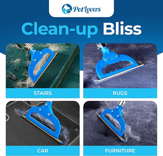 PetLovers EzLint Mega 52" Carpet Rake & Pet Hair Removal Tool – Dog & Cat Hair Remover Broom with Adjustable Handle & Extra Wide Head for Carpets, Rugs & Stairs, Blue