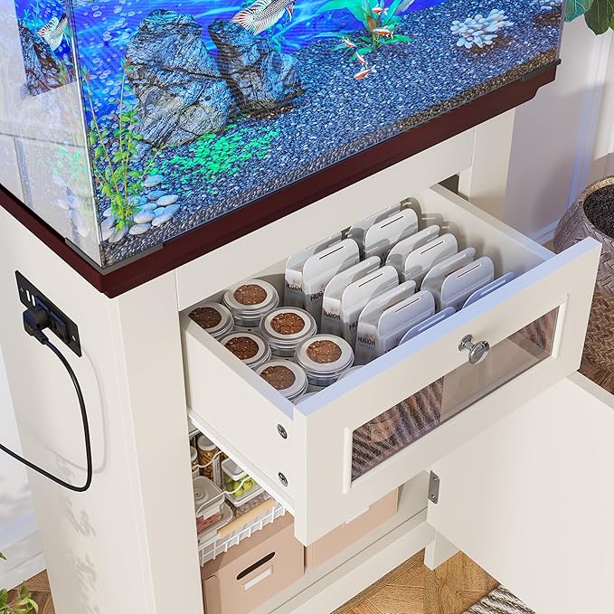 10-15 Gallon Fish Tank Stand with Power Outlet, Heavy Duty Farmhouse Aquarium Stand with Storage Cabinets & Drawer for Reptile Tank