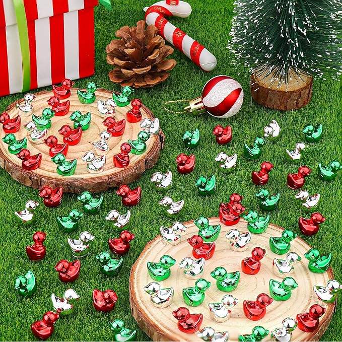120Pcs Mini Duck Statue Golden Duck Figurines Micro Garden Landscape Dollhouse Cake Decoration Potted Plants DIY Craft Charms for Party Gift(Red Green Silver)