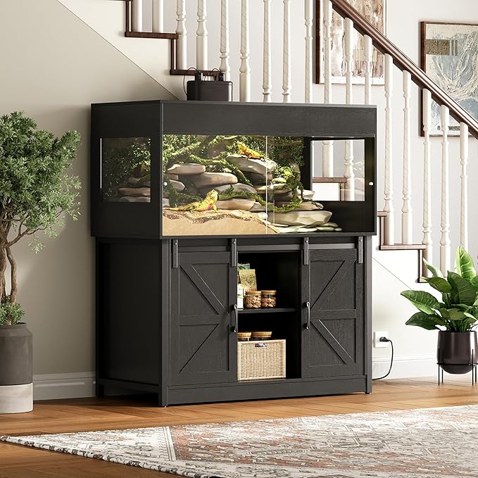 120 Gallon Reptile Terrarium with Stand, 4x2x2 Bearded Dragon Enclosure for Snakes Lizards, Large Vivarium Tank with Storage Cabinet, Acrylic Doors, Mesh Lid, Power Outlet Black PX04RTBB