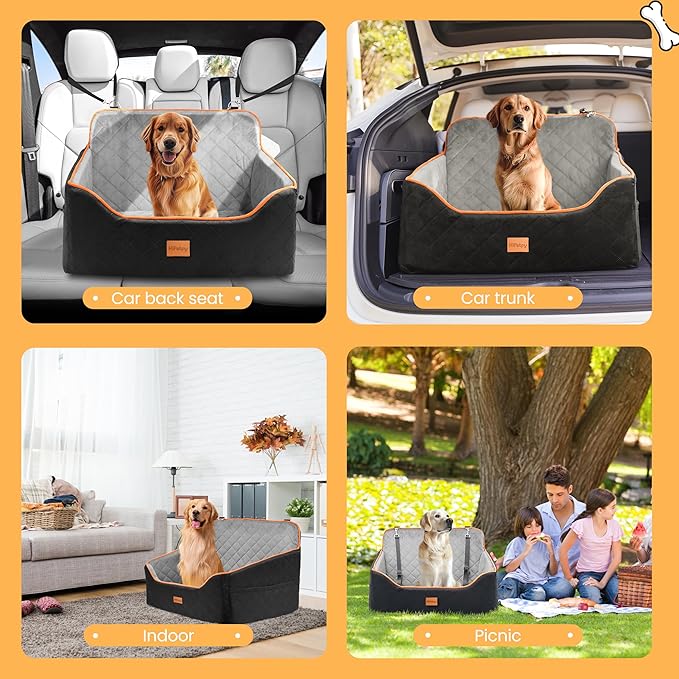 Dog Car Seat for Medium Dog, Booster Seat for Dogs Under 55lb, Elevated Pet Seat with Pocket, Anti-Slip Bed for Car, Perfect for Back Seat & Trunk with 2 Safety Leashes (Black/Grey, Large)