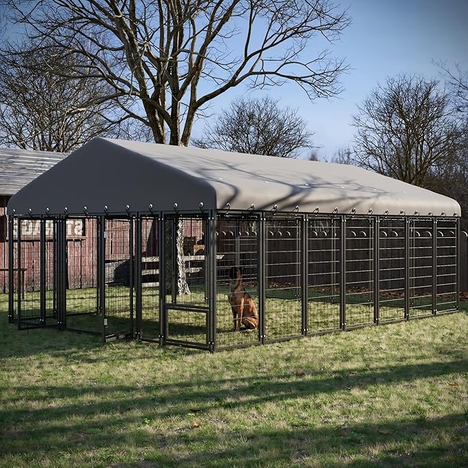 10' x 14'Large Outdoor Dog Kennel with Double Swing Doors, Heavy-Duty Dog Cage with Feeding Panel, Weatherproof Roof, Secure Fence Playpen for Large Dogs, Easy Assembly