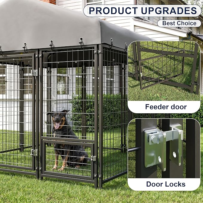 10X10FT Dog Kennel Outside Double Door Dog Kennel Outdoor with Feeding, Heavy Duty Outdoor Dog Crate Durable Dog Cage with Roof & Double Lock
