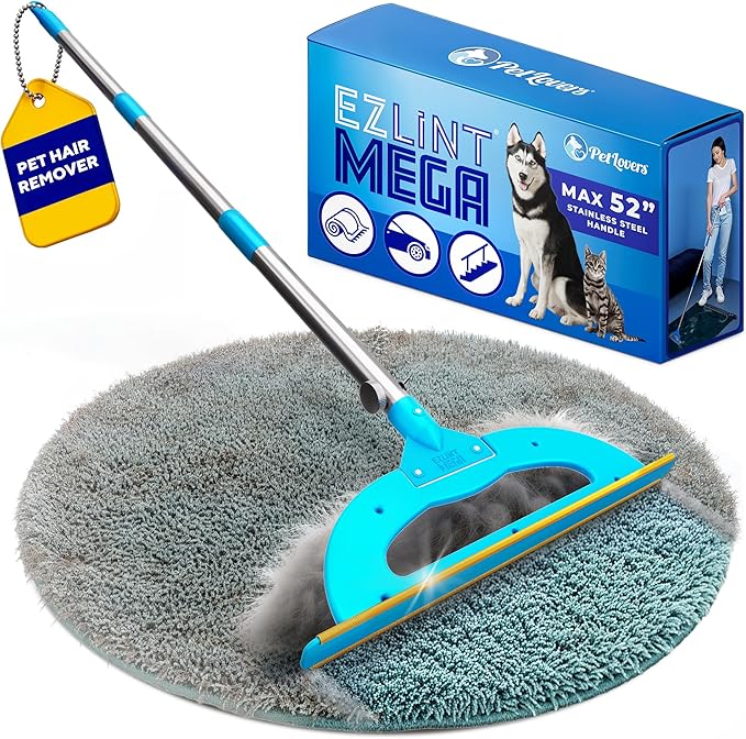 PetLovers EzLint Mega 52" Carpet Rake & Pet Hair Removal Tool – Dog & Cat Hair Remover Broom with Adjustable Handle & Extra Wide Head for Carpets, Rugs & Stairs Ocean Blue