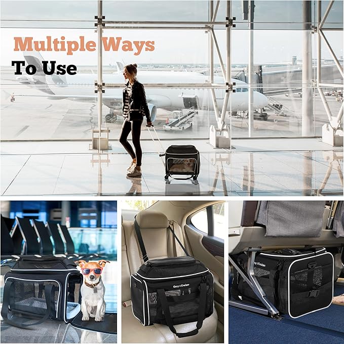 Airline Approved Top-Expanding Pet Carrier on Wheels- Extra Spacious Soft Lined Carrier! 18x11x11 (Black, Original Mesh Sides)
