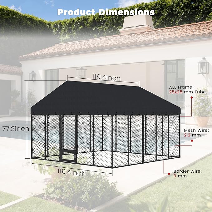 10x10x6.4 FT Large Outdoor Dog Kennel with Roof, Heavy Duty Anti-Rust Metal Dog Enclosure Fence for All Weather Resistant, Secure Double Locks for Large Dogs Outsides